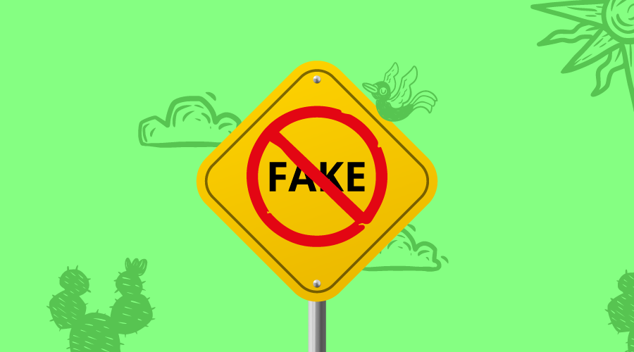 Ilustração gráfica com fundo verde com imagens em xilogravura de cactos, nuvens, passáros e sol. No centro em primeiro plano tem uma placa de trânsito amarela com os dizeres "FAKE" e um símbolo de proibido.