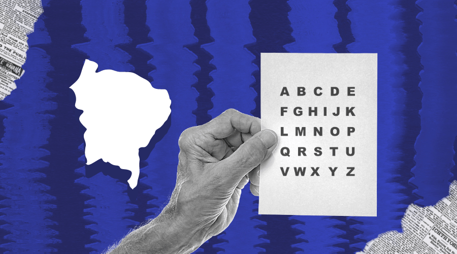 Capa da matéria "A cada 10 analfabetos no Nordeste, 8 são pretos ou pardos" publicada originalmente na Agência Tatu. Trata-se de uma imagem digital com uma mão segurando uma folha com o alfabeto e um mapa do Nordeste ao lado.