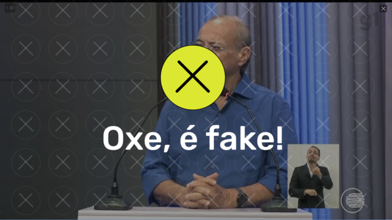 Candidato ao governo do Piauí, Silvio Mendes, durante debate. Foto apresenta selo "Oxe, é fake" por cima da imagem.