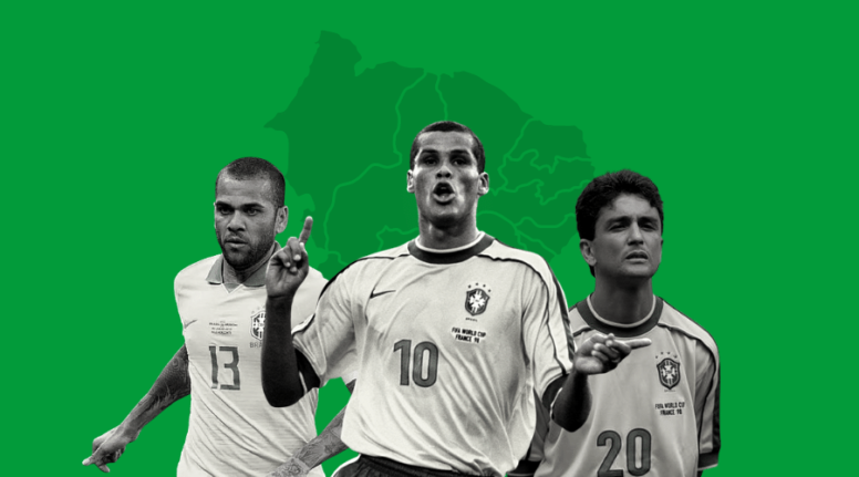 Capa da matéria "Seleção brasileira teve apenas 10% de nordestinos em Copas do Mundo". Ilustração digital de fundo sólido verde, com um mapa cinza do nordeste brasileiro e na frente três jogadores de futebol.