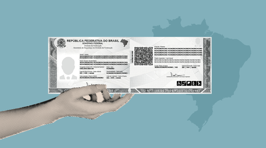 Capa da matéria sobre a nova carteira de identidade nacional. Fundo azul e primeiro plano com ilustração de mão segurando o documento.