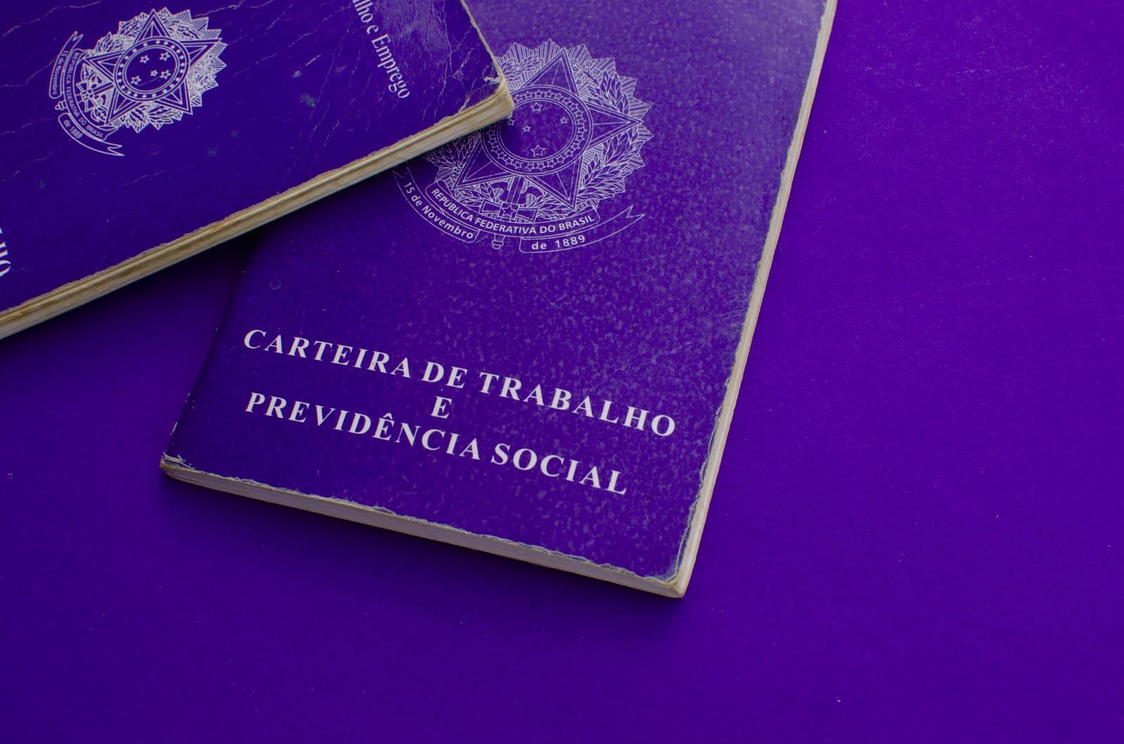 Capa - 74% dos trabalhadores domésticos não possuem carteira assinada no Brasil - Fotografia de duas carteiras de trabalho sobre fundo azul