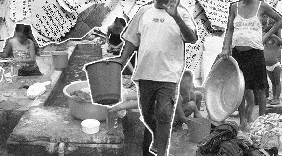 Colagem em preto e branco de pessoas com baldes e bacias em menção aos domicílios brasileiros sem água encanada