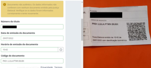 comprovante fake titulo - Oxe, é fake! Código de validação do título eleitoral com nome de Lula é falso