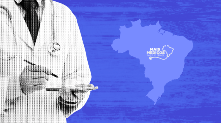 Ilustração com pessoa vestida de jaleco ao lado de um mapa do brasil com o símbolo do Mais Médicos ao centro.