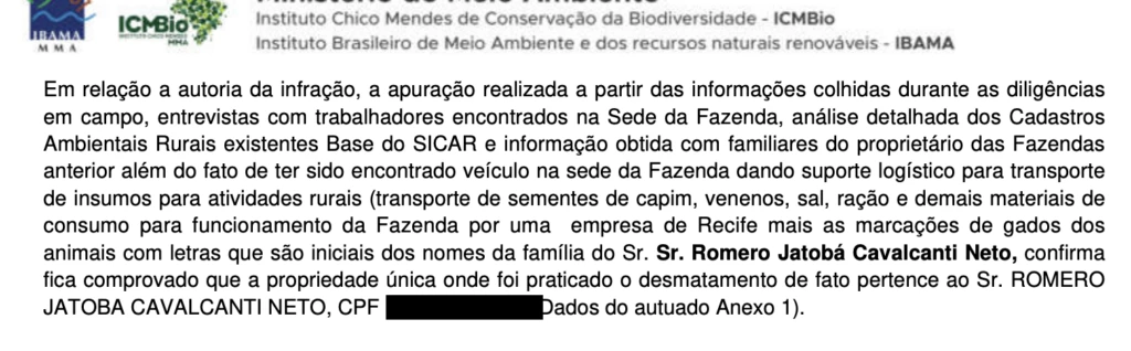 trecho documento romerinho - Presidente da Câmara de Recife, Romerinho Jatobá tem R$ 17 milhões de multas em área protegida da Amazônia